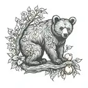 bear cub and peach tree surrounded tattoo design idea