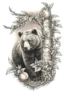 bear cub and peach tree tattoo design idea