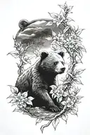 bear cub and peach tree tattoo design idea