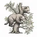 peach tree and bear cub playing tattoo design idea