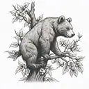 peach tree and bear cub playing tattoo design idea