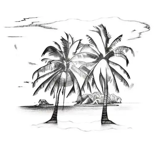 A tattoo of an island with 2 big palm trees with a hammock between them and another two small palm trees on the side tattoo design idea