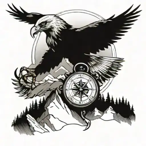 A majestic eagle soaring over a mountain range, with a compass and hiking boots at its feet tattoo design idea
