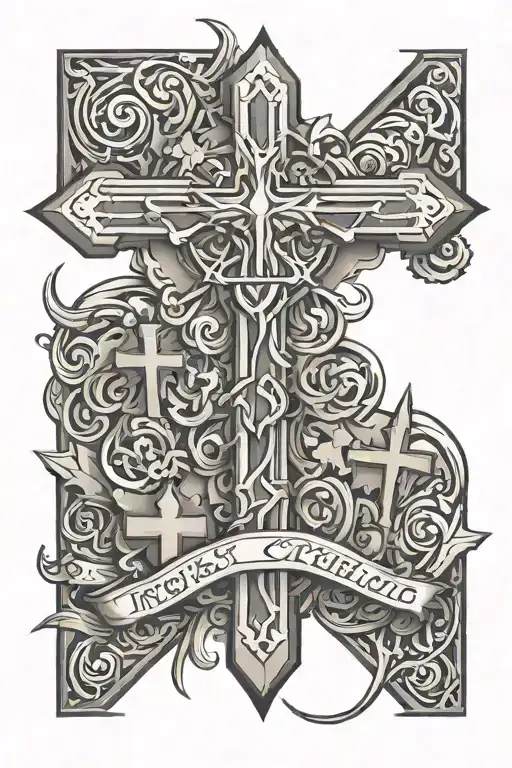 crosses and trust god with black  thick lines  tattoo design idea
