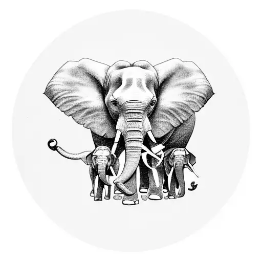 single father elephant with two daughters.  close up of face  tattoo design idea