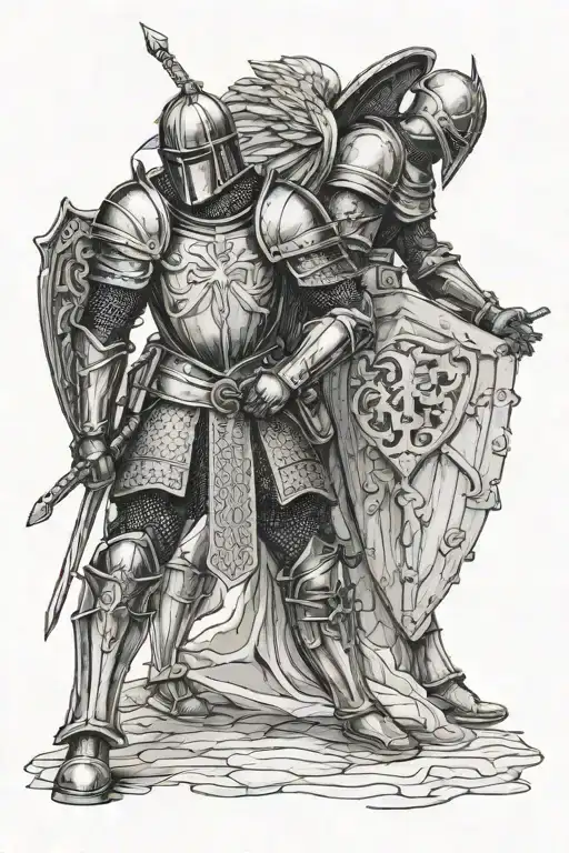 a medieval knight on foot with a guardian angel watching his back tattoo design idea