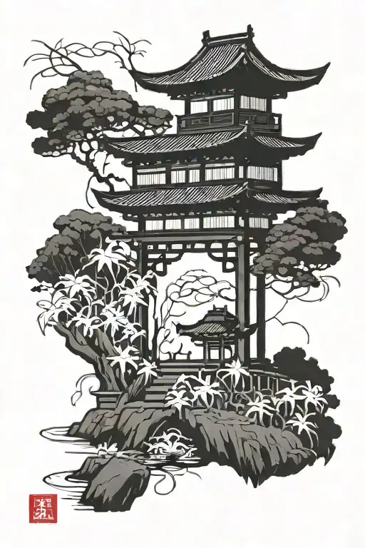 Japanese Tori gate with field of spider lilies inside tattoo design idea