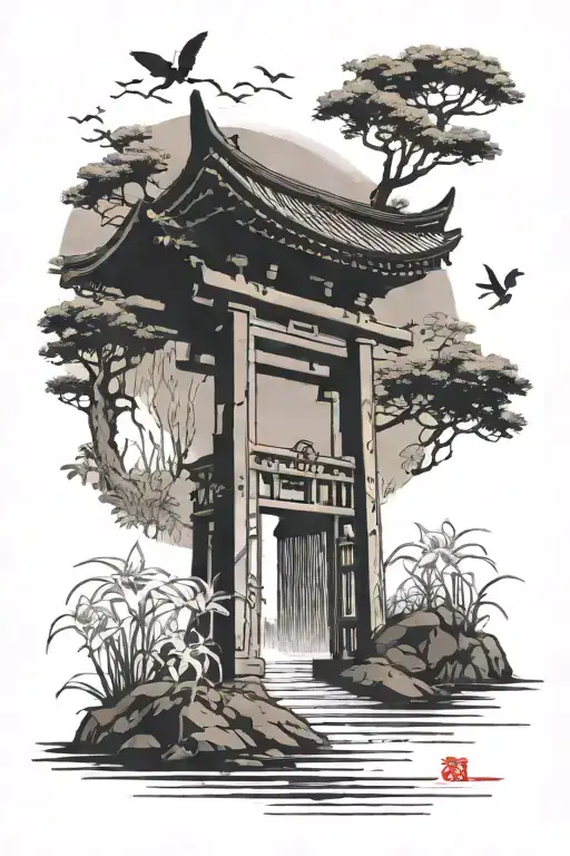 Japanese Tori gate with a field of spider lilies in the middle tattoo design idea