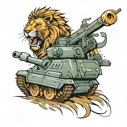 military tank with a lion driving it wearing 5 point crown on his head and ak 47 on his arms tattoo design idea