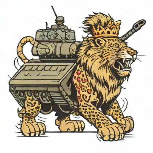 military tank with a lion driving it wearing 5 point crown on his head and ak 47 on his arms tattoo design idea