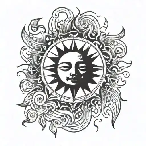 line work design of a sun with a face surrounded by music notes  tattoo design idea