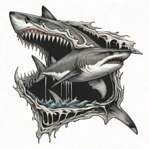 shark jumping through a rib cage tattoo design idea
