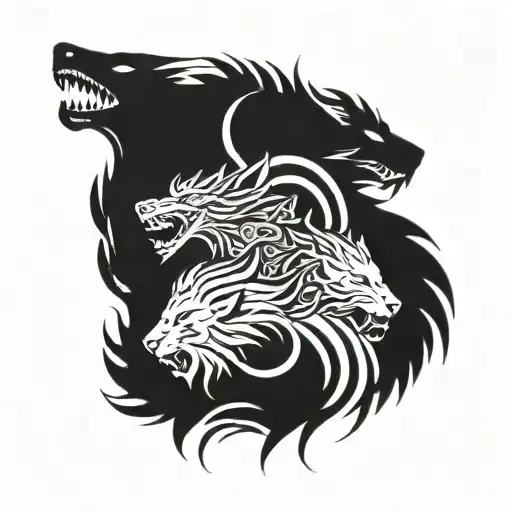 A dragon with head forming a circle with lion in front and wolf and bear on sides. Tattoo design tattoo design idea