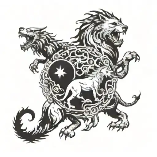 A dragon with head forming a circle with lion in front and wolf and bear on sides. Tattoo design tattoo design idea