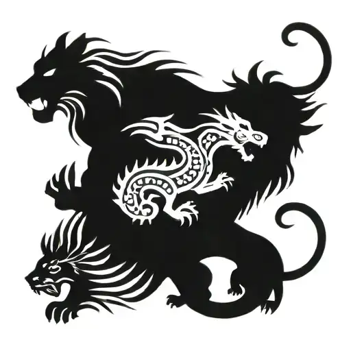 A dragon encircling lion in front and wolf and bear on sides. Tattoo design tattoo design idea
