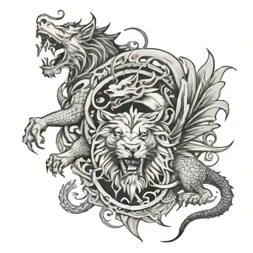 A dragon encircling lion in front and wolf and bear on sides. Tattoo design tattoo design idea