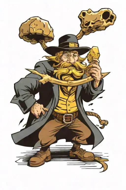 Back to back cartoon mean looking gold miner with worn hat and gold nugget in his hands and magician or illusionist with tattoo design idea
