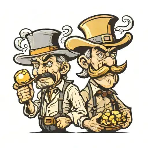 Back to back cartoon mean looking gold miner with worn hat and gold nugget in his hands and magician or illusionist with tattoo design idea