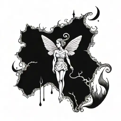 A surreal blackwork piece featuring a tooth fairy with a dark twist tattoo design idea