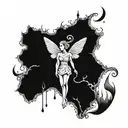 A surreal blackwork piece featuring a tooth fairy with a dark twist tattoo design idea