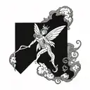 A surreal blackwork piece featuring a tooth fairy with a dark twist tattoo design idea