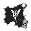 A surreal blackwork piece featuring a tooth fairy with a dark twist tattoo design idea