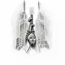 A powerful image of a firefighter holding a cross in front of the twin towers, symbolizing strength and remembrance tattoo design idea