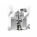 A powerful image of a firefighter holding a cross in front of the twin towers, symbolizing strength and remembrance tattoo design idea