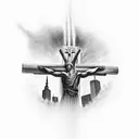 A powerful image of a firefighter holding a cross in front of the twin towers, symbolizing strength and remembrance tattoo design idea