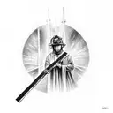 A powerful image of a firefighter holding a cross in front of the twin towers, symbolizing strength and remembrance tattoo design idea