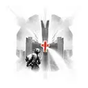 A powerful image of a firefighter holding a cross in front of the twin towers, symbolizing strength and remembrance tattoo design idea