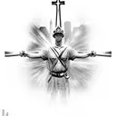 A powerful image of a firefighter holding a cross in front of the twin towers, symbolizing strength and remembrance tattoo design idea