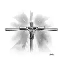 A powerful image of a firefighter holding a cross in front of the twin towers, symbolizing strength and remembrance tattoo design idea