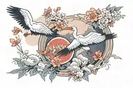 two storks flying in different directions. surrounded by japanese clouds and leafs  tattoo design idea