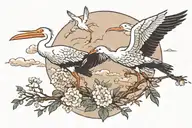 two storks flying in different directions. surrounded by japanese clouds and leafs  tattoo design idea