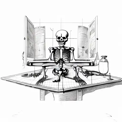 skeleton leaning over table with navigational chart and charting equipment in the wheelhouse of a ship tattoo design idea