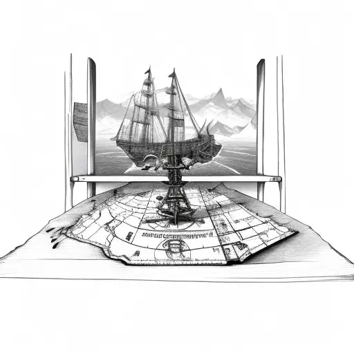 skeleton leaning over table with navigational chart and charting equipment on the bridge of a ship tattoo design idea