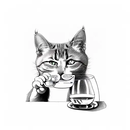 Cat drinking wine tattoo design idea
