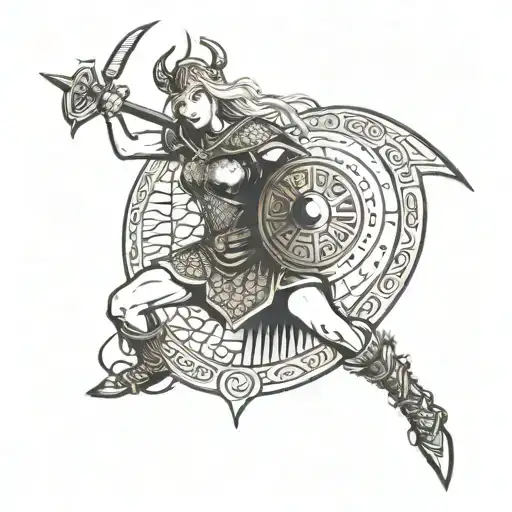 Sexy Viking shield maiden with a sword and shield, in a dynamic and alluring pose tattoo design idea