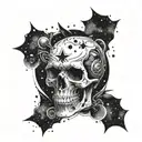 A realistic trash polka inspired skull surrounded by swirling galaxies and cosmic dust tattoo design idea