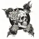 A realistic trash polka inspired skull surrounded by swirling galaxies and cosmic dust tattoo design idea