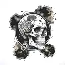 A realistic trash polka inspired skull surrounded by swirling galaxies and cosmic dust tattoo design idea