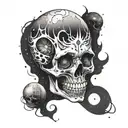 A realistic trash polka inspired skull surrounded by swirling galaxies and cosmic dust tattoo design idea