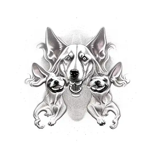 Mythical dog cerberus with the left head up and other two heads down tattoo design idea