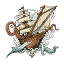 a giant octopus destroying a ship with its tentacles. an albatross flies above the broken ship. tattoo design idea