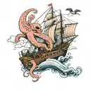 a giant octopus destroying a ship with its tentacles. an albatross flies above the broken ship. tattoo design idea