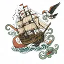 a giant octopus destroying a ship with its tentacles. an albatross flies above the broken ship. tattoo design idea