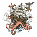 a giant octopus destroying a ship with its tentacles. an albatross flies above the broken ship. tattoo design idea
