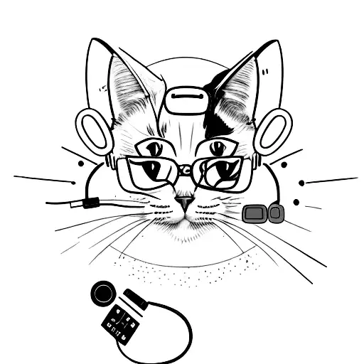 A minimalist tattoo of a cat wearing headphones and holding a video game controller. tattoo design idea