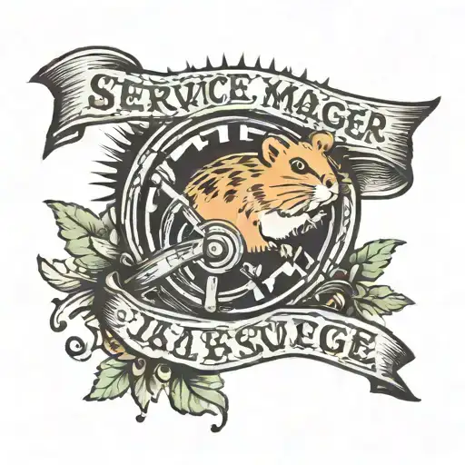 A traditional style tattoo of a hamster on a wheel, with a banner that reads 'Service Manager' tattoo design idea
